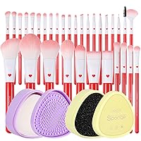 Docolor 32Piece Professional Makeup Brushes Set + Makeup Brushes Cleaner Set,Premium Synthetic Kabuki Foundation Blending Rainbow Make Up Brush Set with Solid Soap Cleanser & Color Removal Sponge