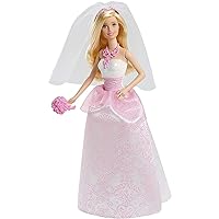 Barbie Bride Doll in Fairytale-Inspired White and Pink Wedding Dress with Ring, Veil and Bouquet, Blonde Hair