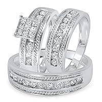 14K White Gold Plated 1 3/4 Ct Round Cut Sim Diamond His & Her Wedding Trio Ring Set