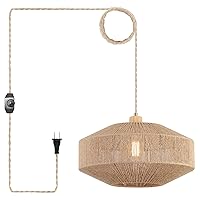 Coastal Large Woven Plug in Pendant Light with 14ft Handmade Woven Light Cord, Dimmable Switch, Natural Hemp Rope Hanging Lamp for Kitchen Island Farmhouse Dining Room Living Room,17.8 inch Width