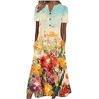 Women Casual Summer Stripe Button V Neck Sleeveless Pocket Holiday Dress Floral Sundress Midi Dress