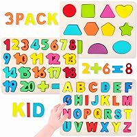 Wooden Puzzles for Toddlers, Alphabet Puzzle and Number Shape Puzzle, 3 in 1 Preschool Educational Learning Toys with Chunky Wood ABC Puzzle Board for 2 3 4 5 Girls Boys Kindergarten Set of 3