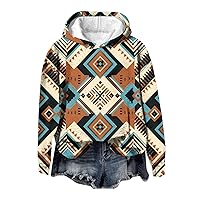 Women's Retro Ethnic Style Geometric Irregular Print Long-Sleeved Loose Hooded Sweatshirt Top Warm Hoodie, S-4XL