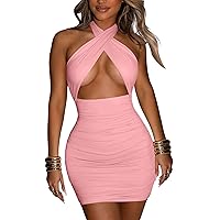 Women's Sexy Ruched Bodycon Halter Criss Cross Cut Out Backless Mini Club Party Dresses