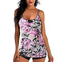 Pink Floral Bikini Set Swimsuits for Women Board Shorts and Top Bathing Suits Long Torso Tank Tops with Boysh