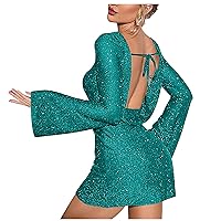 Women's Sparkly Sequin Mini Dress Lace-Up Draped Back Cocktail Dress Bell Long Sleeve Glitter Slim Party Dresses
