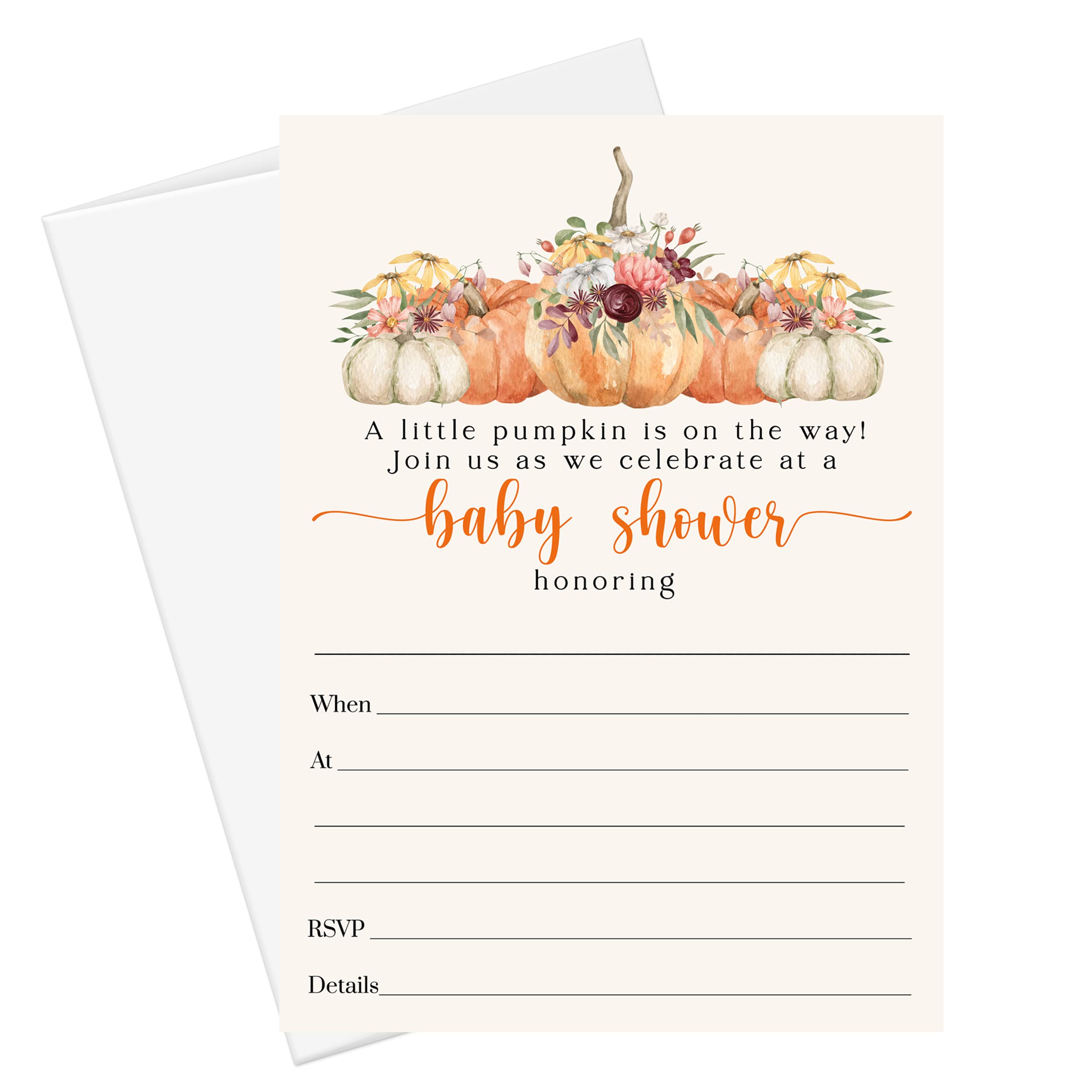 Paper Clever Party Little Pumpkin Baby Shower Invitations and Envelopes 25 Pack Rustic Invite Fill-In Blank - Fall Gender Reveal Boys Girls Autumn Themed - Printed 5x7 Size Card Set