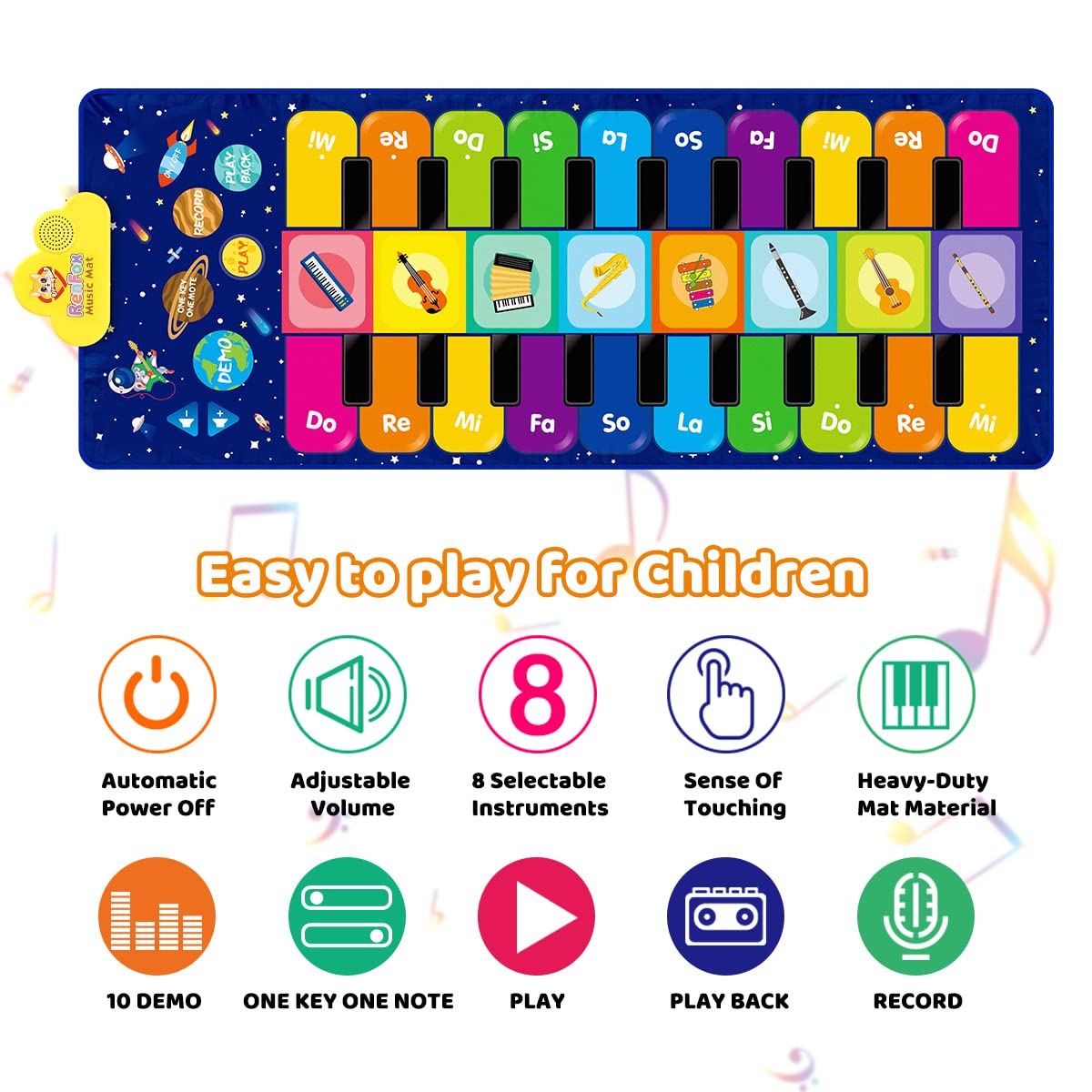 Renfox Kids Musical Piano Mat - Duet Keyboard Play Mat 20 Keys Floor Piano with 8 Instrument Sound, 5 Paly Modes Dance Pad, Early Educational Toys & Gift for 3+ Years Old Boys Girls