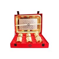 Indian Art Villa Gold Polish Silver Plated Glass Tumbler Cup Set, Serving Tray with Gift Box, Storage Water Drinkware,Set of 7, Diwali Gift Item