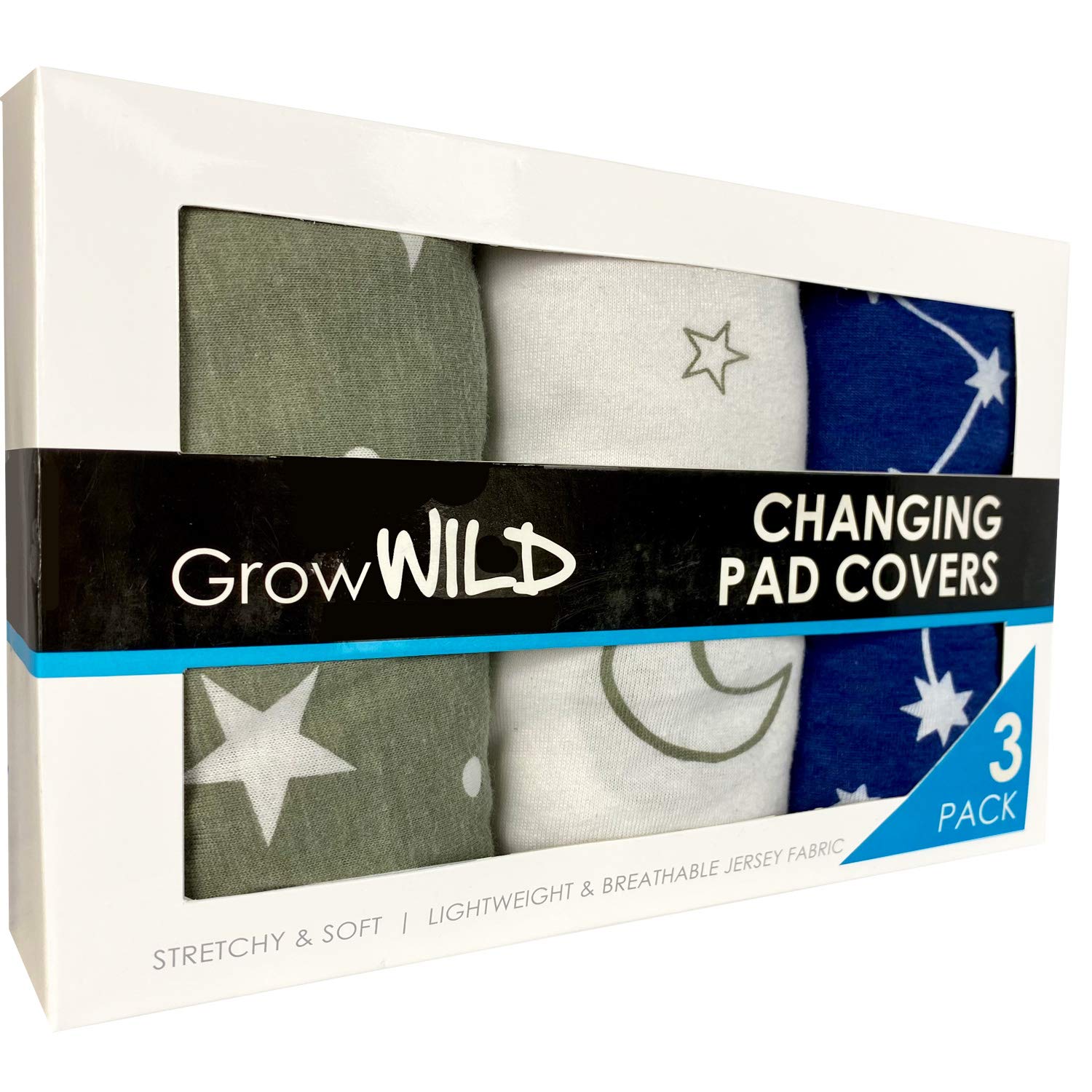 GROW WILD Changing Pad Cover 3 Pack | Soft & Stretchy Jersey Cotton | Baby Changing Table Pad Cover | Diaper Changing Pad Covers for Girls or Boys | Wipeable Sheets | Grey White Navy Blue Stars Moons