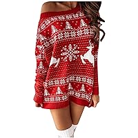 Women's Reindeer Snowflake Ugly Christmas Knit Pullover Sweater Jumper Off Shoulder Long Sleeve Xmas Sweater Dress