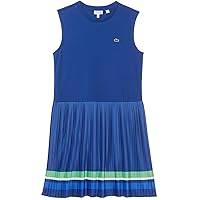 Lacoste Girls' Sleeveleshort Sleeve Crew Neck Pleated Color Blocked Dress