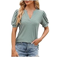 Womens Notch V Neck Shirts Puff Sleeve Casual Tops Summer Comfort Eyelet Tunic Loose Fit Dressy Work T Shirt Blouse