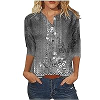 Womens Summer Tops 2023 2024 Button 3/4 Sleeve Tees T-Shirts Floral Tie Dye Print Blouse Tunics Fashion Clothes