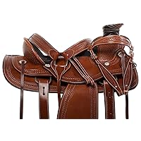 Manaal EnterprisesYouth Child Pony Miniature Wade Tree A Fork Premium Western Leather Roping Ranch Work Horse Saddle Tack, Headstall, Breastplate & Reins Size 12” inches Seat