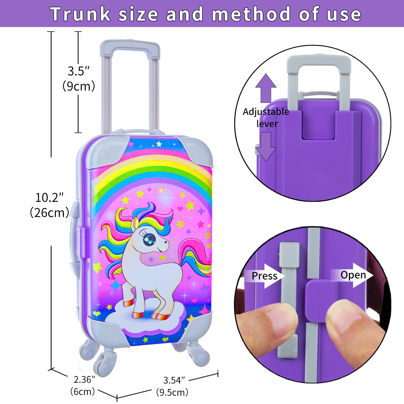 DONTNO 29 Pcs American Doll Clothes and Accessories, Cute Travel Play Set fit 18 Inch Doll with Purple Clothes Suit, Unicorn Suitcase, Handbag, Lipstick, Camera, Sunglasses for Kids