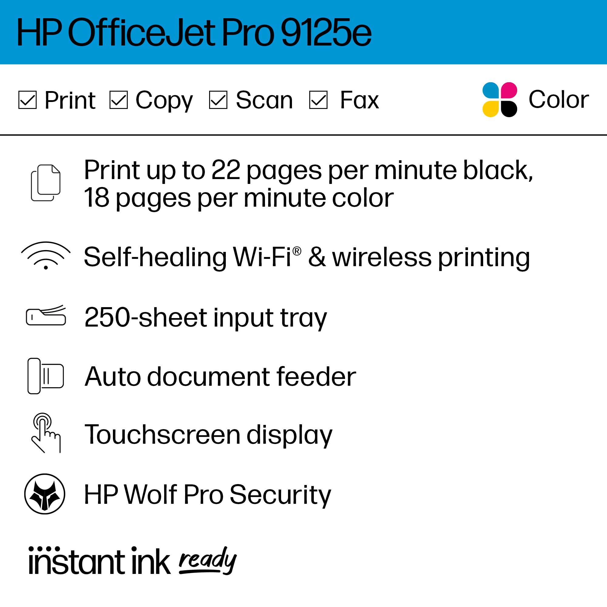 HP OfficeJet Pro 9125e Wireless All-in-One Color Inkjet Printer, Print, scan, Copy, fax, ADF, Duplex Printing Best for Office, 3 Months of Ink Included (403X0A)