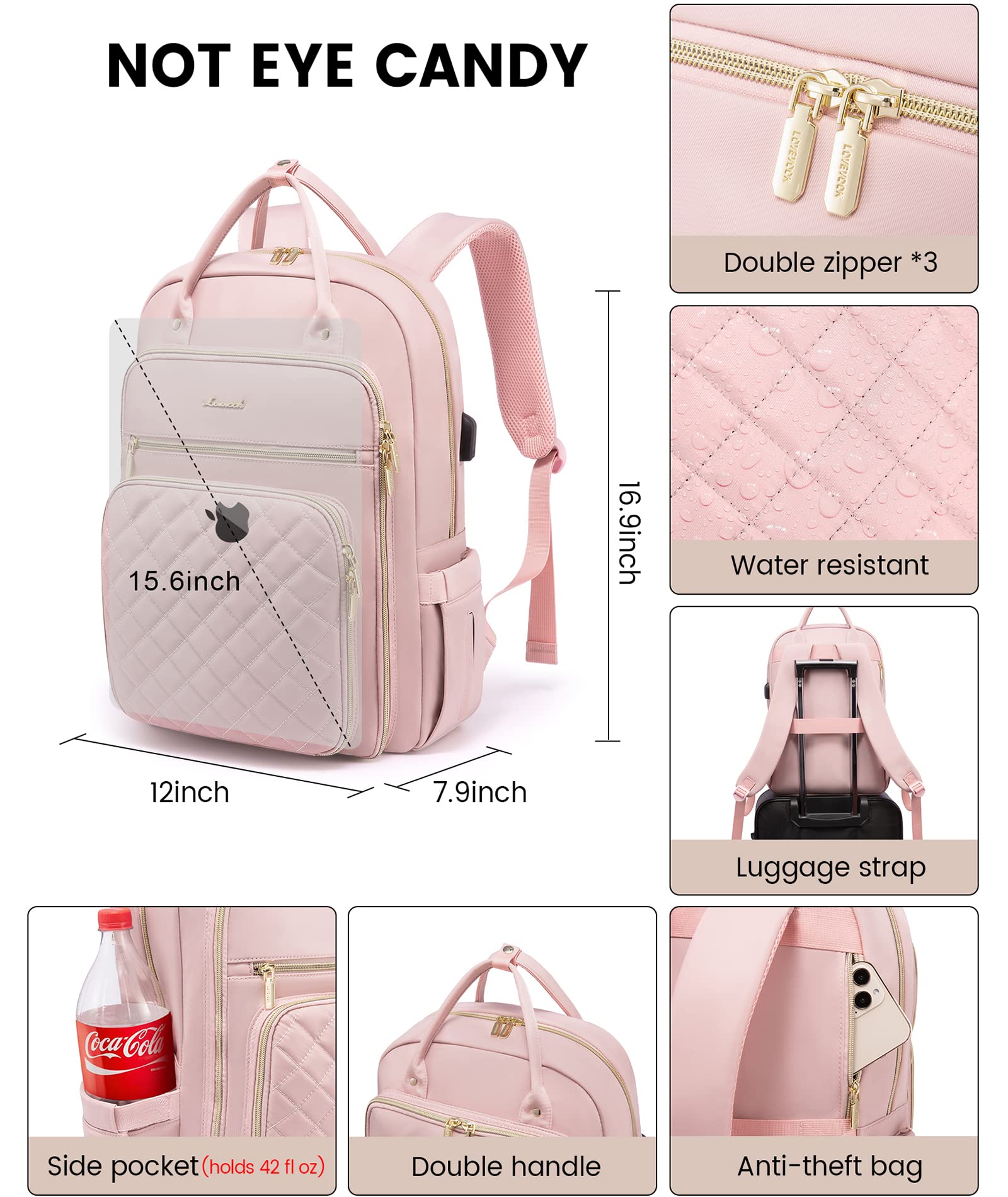 LOVEVOOK Laptop Backpack for Women, 15.6 Inch Computer Backpack for Teacher Nurse with Water Resistant, Lightweight Travel Work Backpack with USB Charging Port, Quilted Commuter Backpack purse, Pink