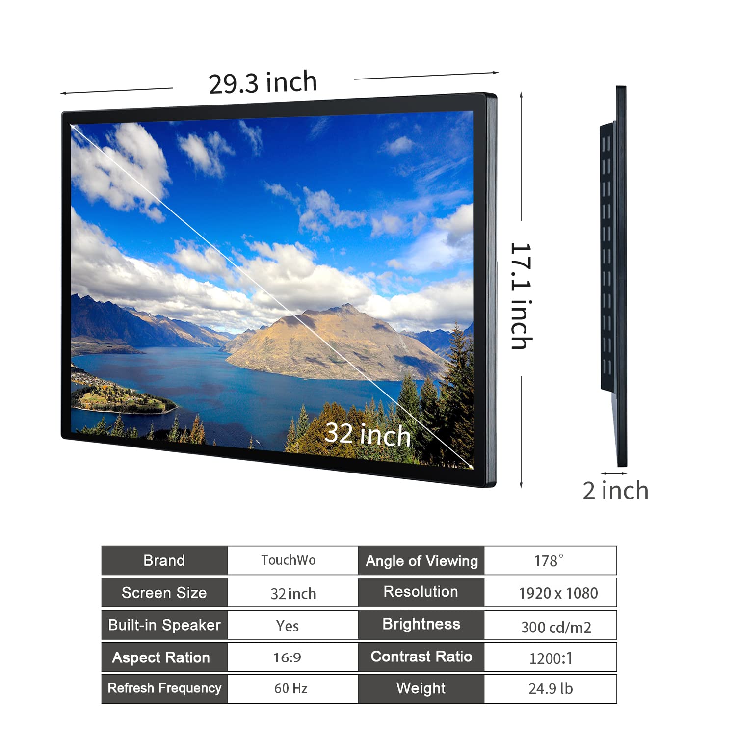 TouchWo 32 inch Capacitive Multi-Touch Screen Industrial Monitor, 16:9 Display 1920 x 1080P, Built-in Speakers, USB, VGA, DVI & HD-MI Ports, Digital Signage Displays and Player for Advertising