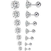 Tornito 7 Pairs 18G 20G Stainless Steel Stud Earrings Round Cubic Zirconia Barbell Earring Set For Men Women 2MM-8MM Silver Tone