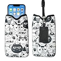 Men Women Neoprene Shockproof Phone Sleeve Pouch Carrying Case Bag with Neck Lanyard, Belt Loop Holster for iPhone 15/14 Pro Max, 15/14 Plus, Samsung S24+, S23, A54 (Doodle Cats Pattern)