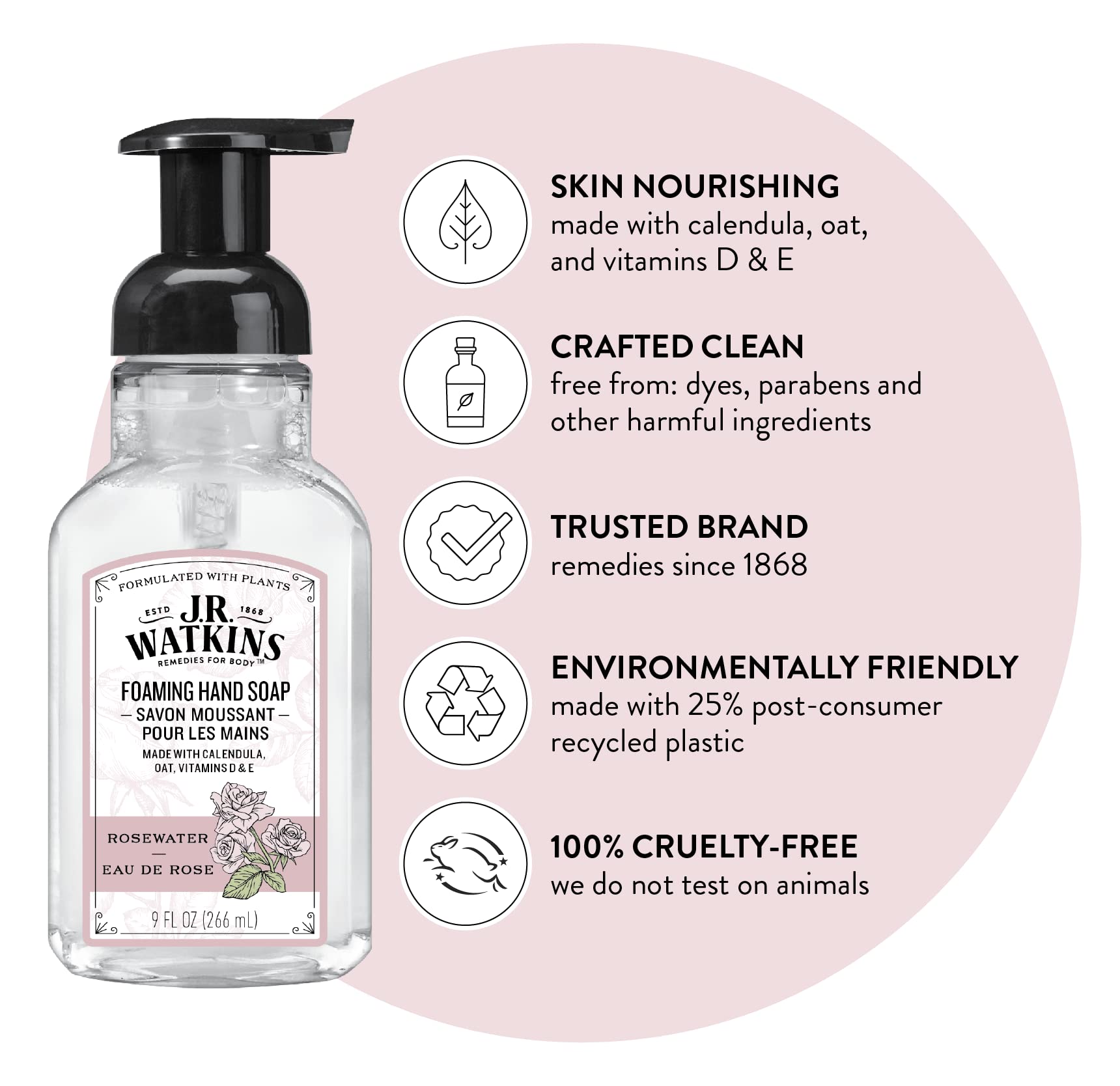 J.R. Watkins Foaming Hand Soap with Pump Dispenser, Moisturizing Foam Hand Wash, All Natural, Alcohol-Free, Cruelty-Free, USA Made, Rosewater, 9 fl oz, 3 Pack