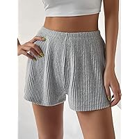 Women's Shorts Solid Ribbed Knit Shorts Shorts for Women (Color : Light Grey, Size : Large)