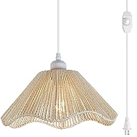 Off-White Pendant Light with Plug in Cord 14.7Ft Dimmable Woven Hemp Rope Hanging Lamp Boho Rattan Swag Light Fixture for Kitchen Island Sink Living Room Bedroom Corner, 12.5