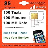 SpeedTalk Mobile SIM Card Kit for Smart Phones & Cellphones | $5 Monthly Plan - 100 Texts (SMS) + 100 Minutes (Talk) + 100 MB 5G 4G LTE Data | 3-in-1 Standard Micro Nano Size | 30 Days USA Coverage