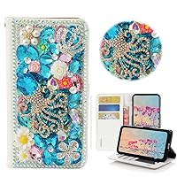 STENES Bling Wallet Phone Case Compatible with iPhone 13 Pro Max 6.7 inch 2021 Case - Stylish - 3D Handmade Gemstone Octopus Crown Magnetic Wallet Stand Leather Cover Case - Light Blue