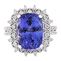 10.3 Carat Natural Blue Tanzanite and Diamond (F-G Color, VS1-VS2 Clarity) 14K White Gold Luxury Cocktail Ring for Women Exclusively Handcrafted in USA