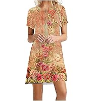 Womens Summer Dresses Beach Casual Tshirt Dress Plus Size Vintage Floral Print Short Sleeve Loose Flowy Sundresses