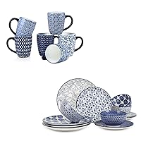Selamica Ceramic Coffee Mugs Set 16 oz + Dinnerware Sets 12-Pieces, Vintage Blue