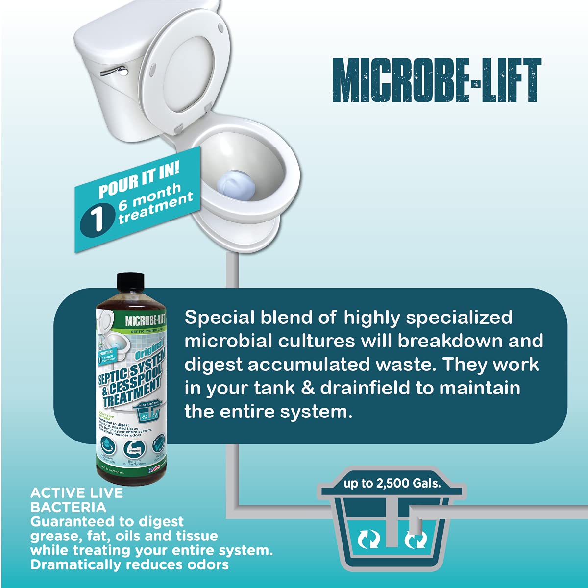 MICROBE-LIFT Septic Tank and Cesspool Treatment Enzymes - 6 Month Supply - Bacteria Digests Grease, Fats, Oils and Tissue, 32oz
