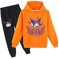 Kids Girls Kuromi Casual Hoodie Set,Cotton Long Sleeve Sweatshirts with Long Pants Graphic Tracksuit for Child