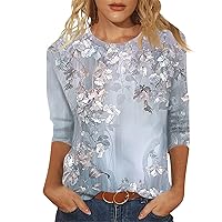 Womens 3/4 Sleeve Sports Blouses Spring/Summer Beautiful Print Crewneck Tees Loose Fit Soft Trendy Comfy Tops