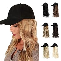 AynnQueen Baseball Cap with Hair Extensions for Women Adjustable Hat with Synthetic Wig Attached 24inch Long Wavy Hair Black Baseball Cap (Ash Blonde Mix Ginger Brown)