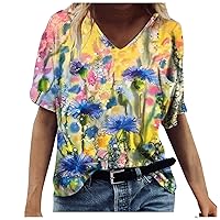 Tshirts for Womens Summer Casual Tops Short Sleeve Crew Neck Vintage Print Graphic Tie Dye T Shirt Loose Boho Blouse