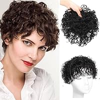 Breathable Permanent Tight Curly Human Hair Topper with Bangs Seamless Fluffy Short Curly Clip in Topper Hair Pieces for Women with Thinning Hair Cover Grey Hair Add Hair Volume(Black,Short)