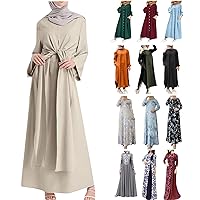 Women's Retro Kaftan Abaya Dress Muslim Long Sleeve Crew Neck Split Maxi Dress Islamic Arab Jilbab with Pockets