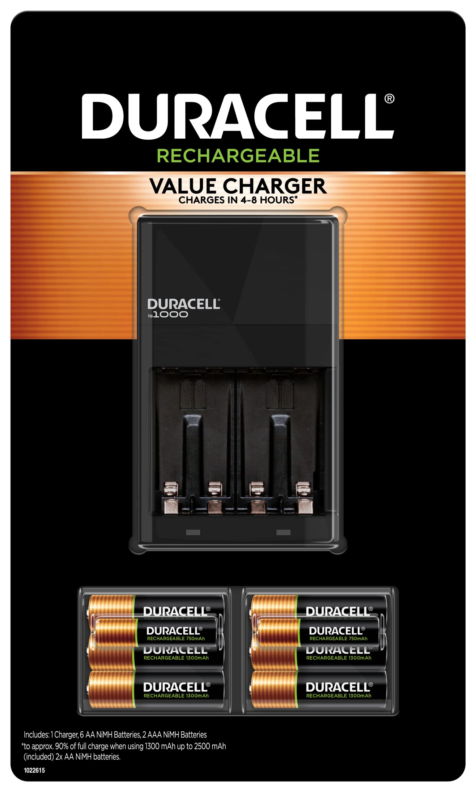 Duracell Ion Speed 1000 Battery Charger for AA and AAA batteries, Includes 6 AA and 2 AAA Pre-Charged Rechargeable Batteries, for Household and Business Devices