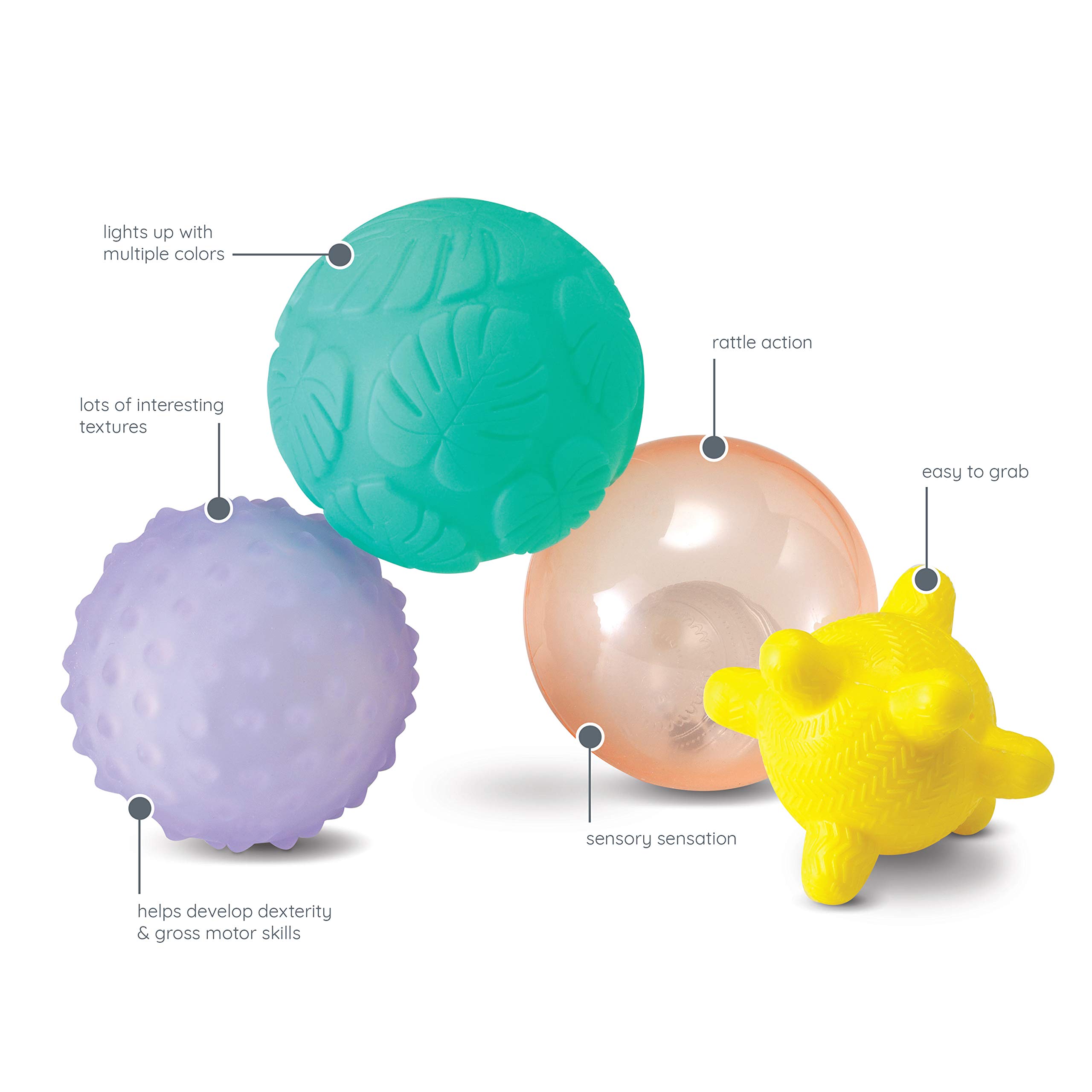 Infantino Activity Ball Set Music & Lights - 4 Colorful, Bouncy, & Multi-Textured Balls for Fine Motor Development for Little Hands