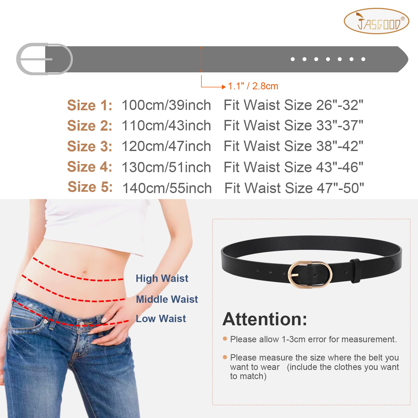 JASGOOD 3 Pack Women's Leather Belts for Jeans Pants Fashion Ladies Belt  with Gold Buckle