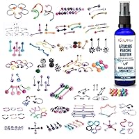BodyJ4You 120PC Body Piercing Set Aftercare Cleanser Saline Solution Belly Ring Tongue Eyebrow Tragus Barbells 14G 16G RANDOM Mix