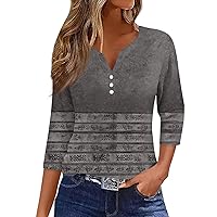 Womens 3/4 Sleeve Tops V Neck Button Down Henley Loose Fit Blouse Summer Fashion Graphic Tunic Tshirts Sexy Tops for Women Boat Neck 3/4 Sleeve Tops for Women