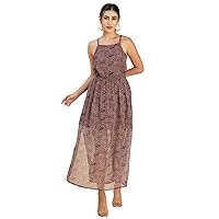 Women’s Strappy Midi Dress, Printed Chiffon, Elastic Waist Dress
