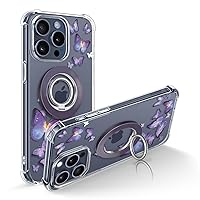 GVIEWIN Bundle - Compatible with iPhone 15 Pro Case Floral (Butterfly/Purple) + Magnetic Phone Ring Holder (Purple)