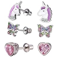 Hypoallergenic Unicorn Butterfly Heart Turtle Flower Paw Print Mouse Cupcake Soccer Ball Stud Earring Set with Secure Screwback for Kids, Toddlers, Little Girls, Baby Girls