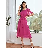 Women's Dress Dresses for Women Peekaboo Self Tie Chiffon -line Dress Dresses for Women (Color : Hot Pink, Size : Small)