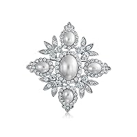 Vintage Style Bridal Large Statement Fashion Crystal Leaf Flower White Simulated Pearl Wedding Regal Queen Princess Royal Crown Brooch Pin For Women Silver Gold Tone Rhodium Plated Brass